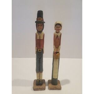 Wang's 1999 Pilgrim Couple Resin Figures Thanksgiving Folk Art Decor‎